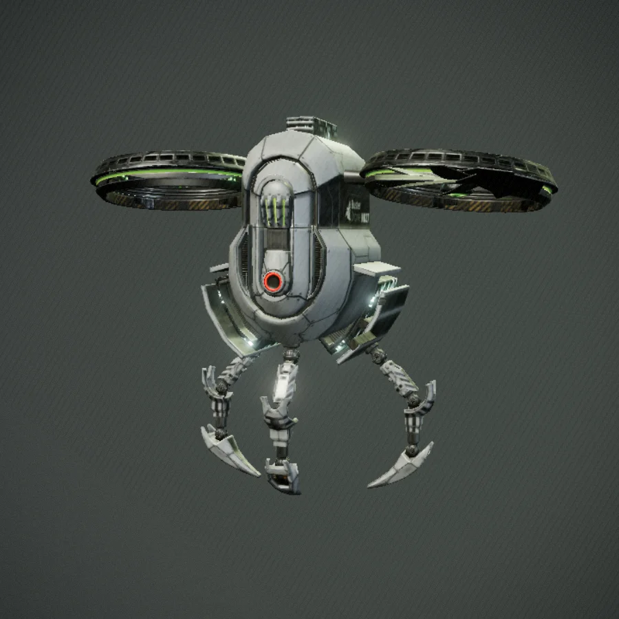 Buster drone with articulated landing legs and twin turbines